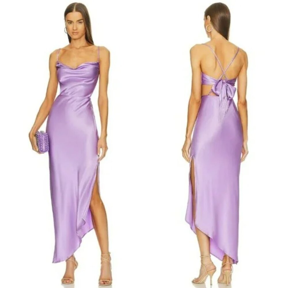 Lavender Satin Cowl Neck Midi Dress with Back Tie